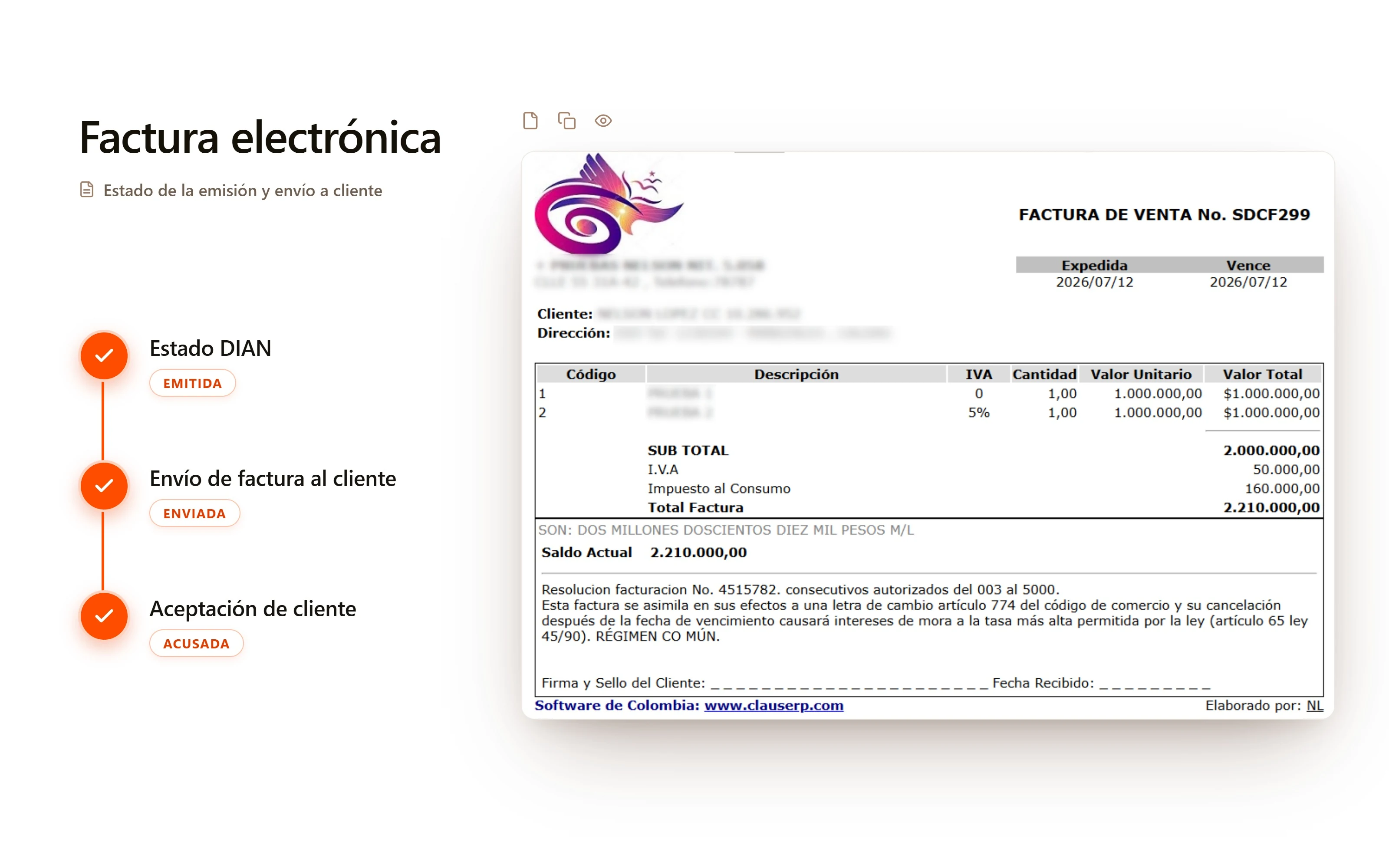 Factura electrónica en Claus con el estado del documento: emitida, enviada y acusada ante la DIAN